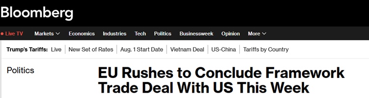 特朗普关税突传重磅！彭博独家：欧盟力争本周与美国达成框架贸易协议