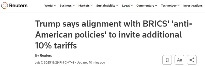 特朗普关税刚刚传来大消息！特朗普对金砖国家发出威胁 这些资产应声下滑