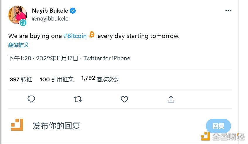 萨尔瓦多总统：从明天开始，每天购买一个BTC