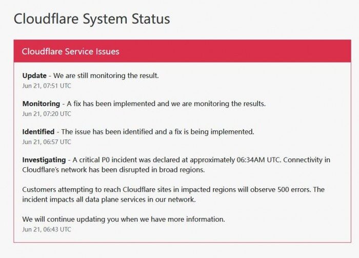 Cloudflar服务宕机波及大量加密货币交易平台网站